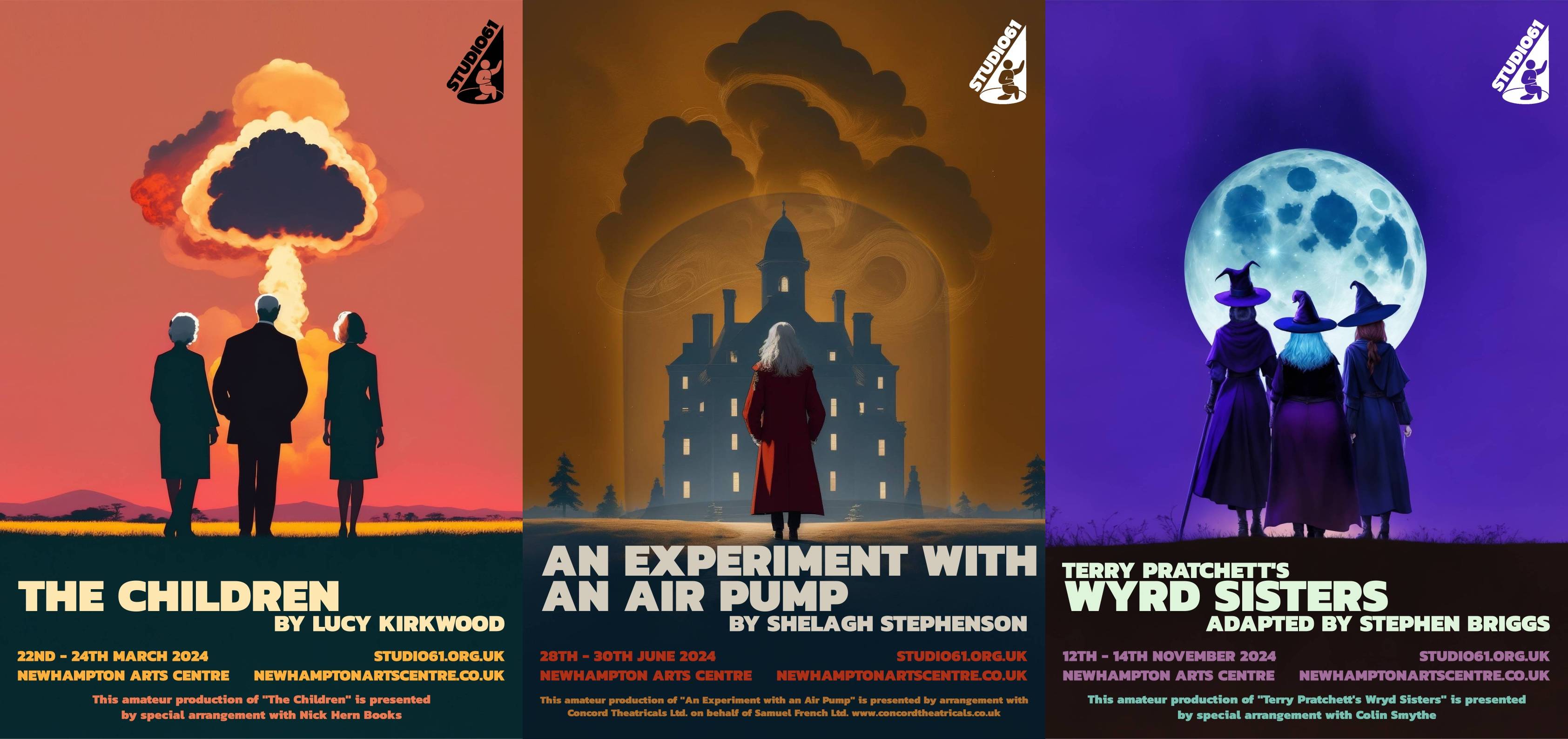 Posters for The Children, An Experiment with an Air Pump and Terry Pratchett's Wyrd Sisters